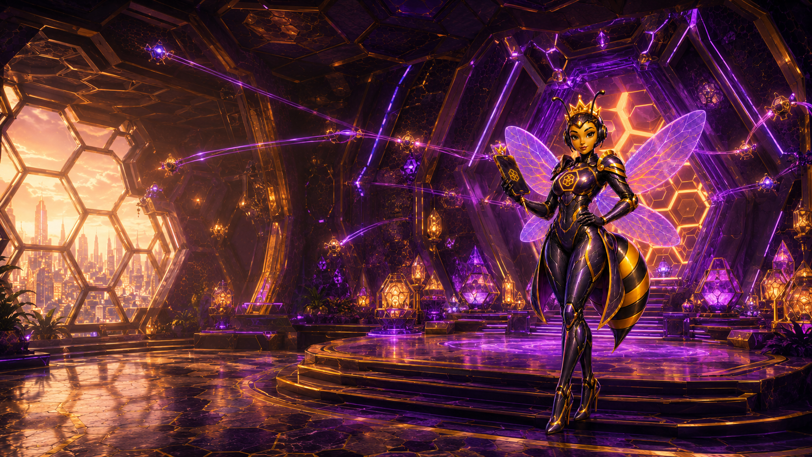 Queen in the throne room of the hive, conversation threads converging around her.