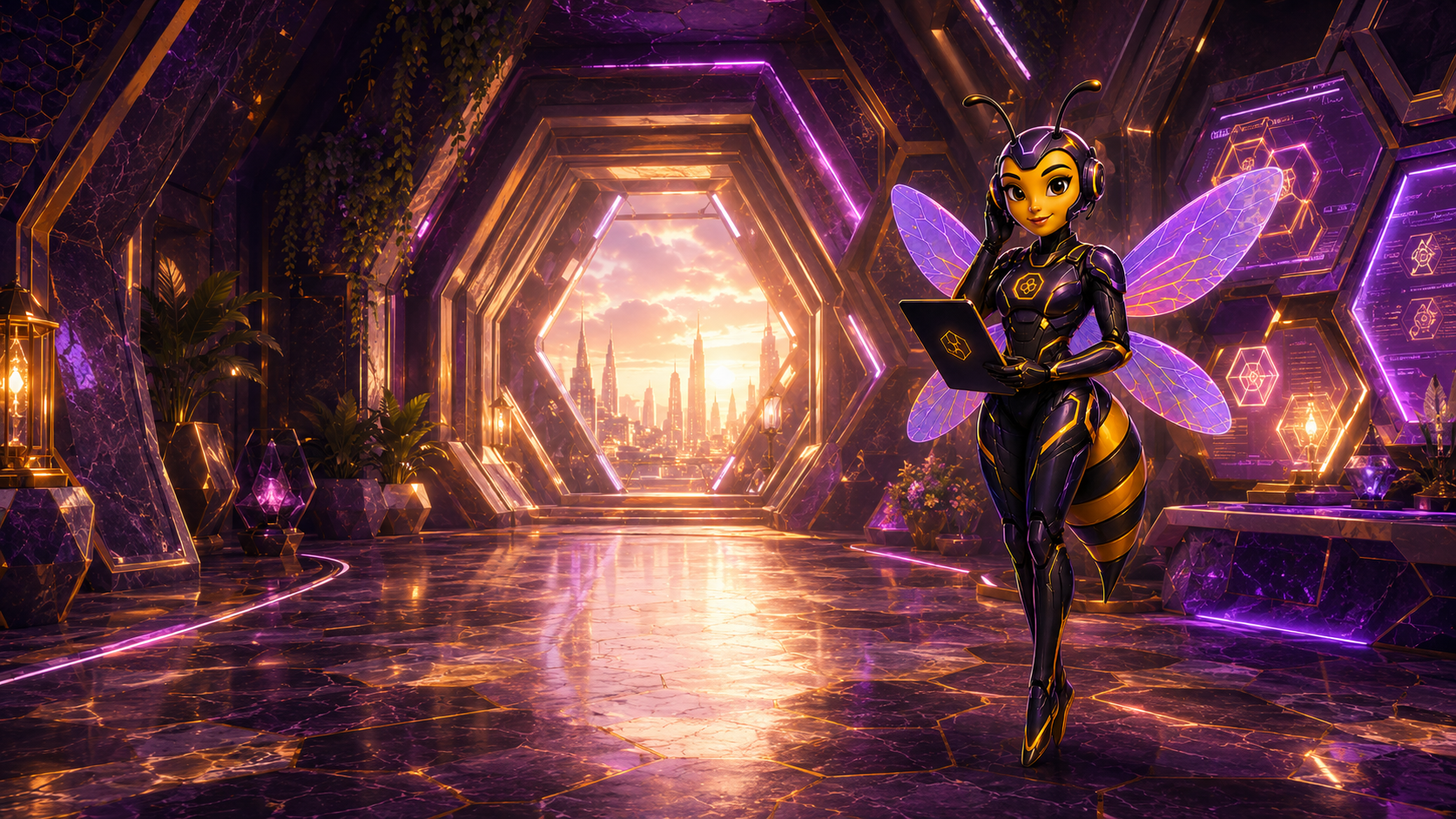 Scout at the threshold of the hive entryway — the operations agent.